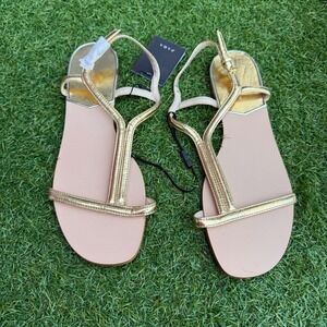 Zara Basic Collection Gold‎ T Strap Flat Sandals Women's Size 40 New